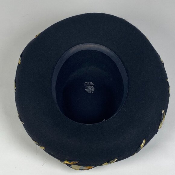 Vintage Sonni San Francisco Black Wool Felt Wide Brim Hat Leopard Print Ribbon